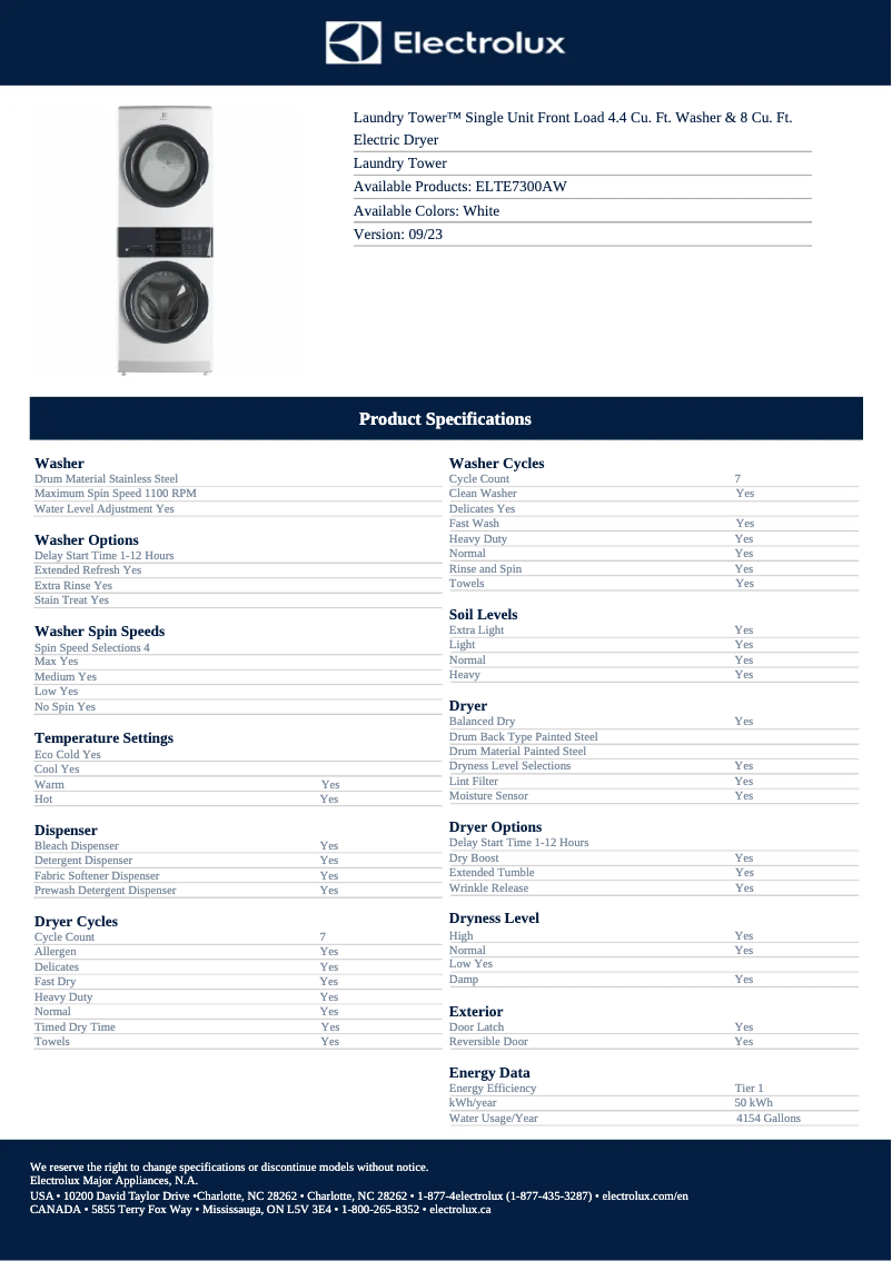 Page 1 of the manual Technical Sheet Electrolux ELTE7300AW