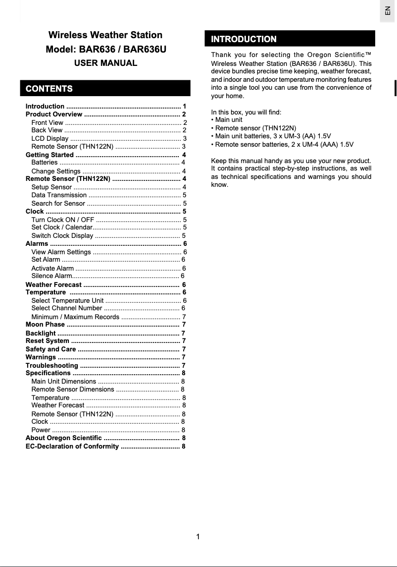 Page 1 of the manual User Manual Oregon Scientific BAR 636