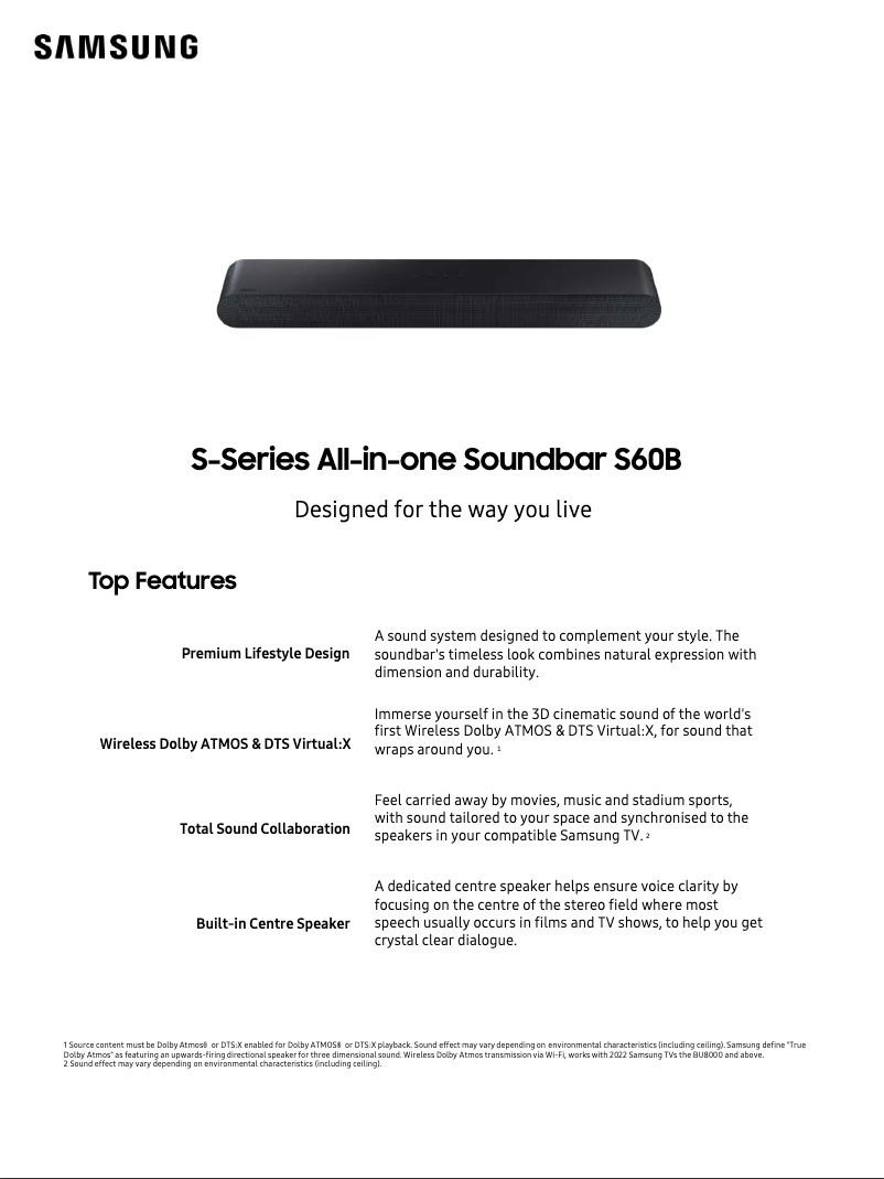 Page 1 of the manual Technical Sheet Samsung HW-S60B