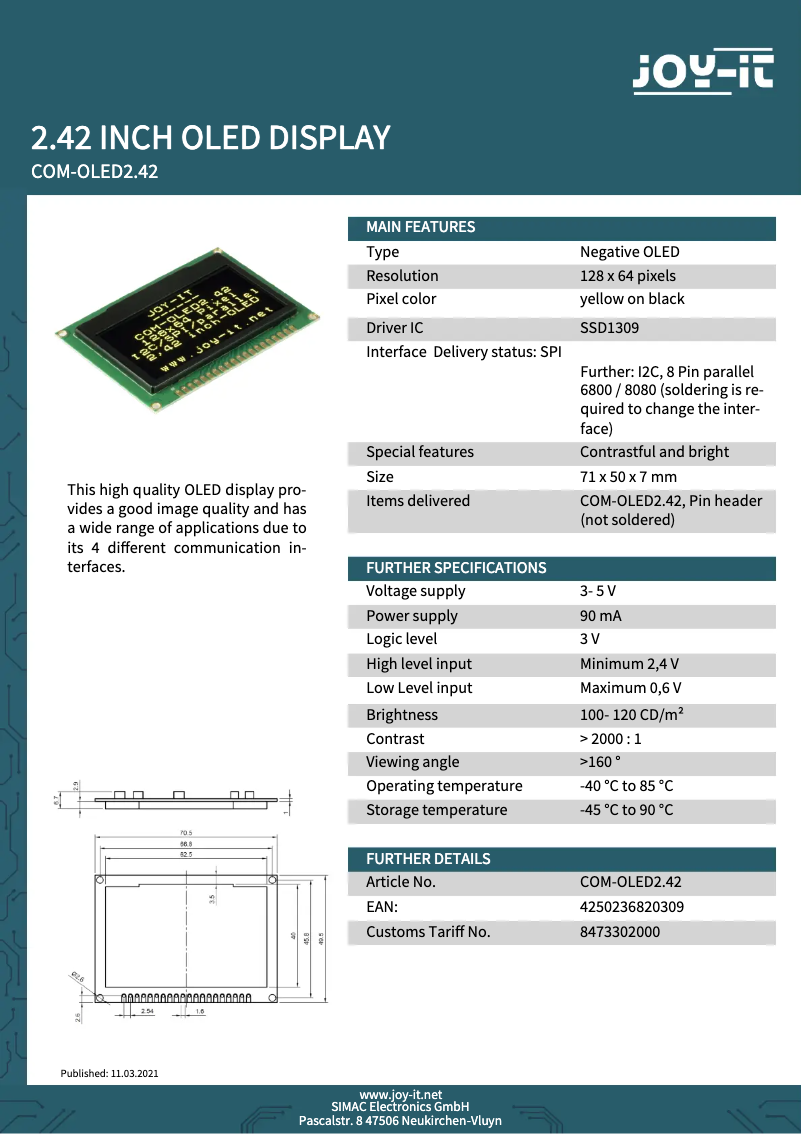Page 1 de la notice Fiche technique Joy-It COM-OLED2.42