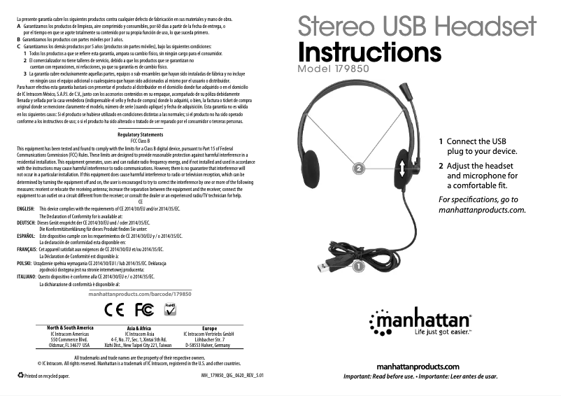 First page image of the manual for Stereo USB Headset 179850