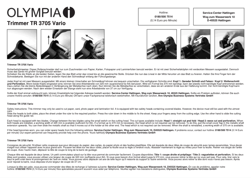 Image de la première page du manuel de l'appareil TR 3705 Vario