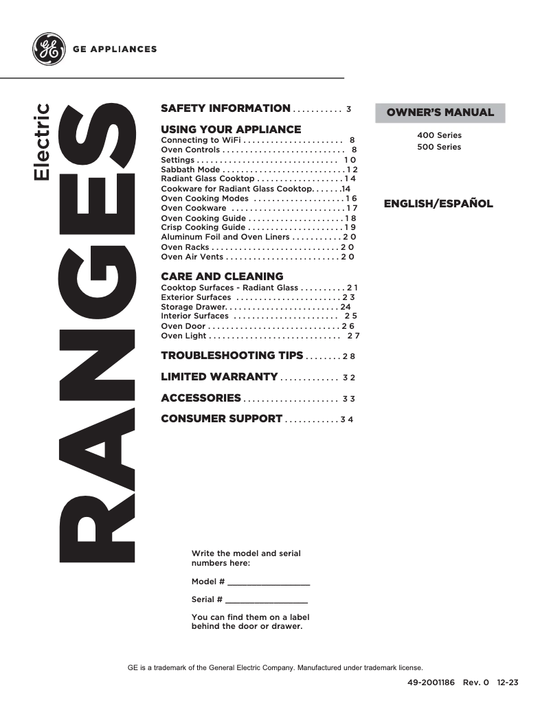 Page 1 of the manual Use and Maintenance Manual GE GRF400PVWW