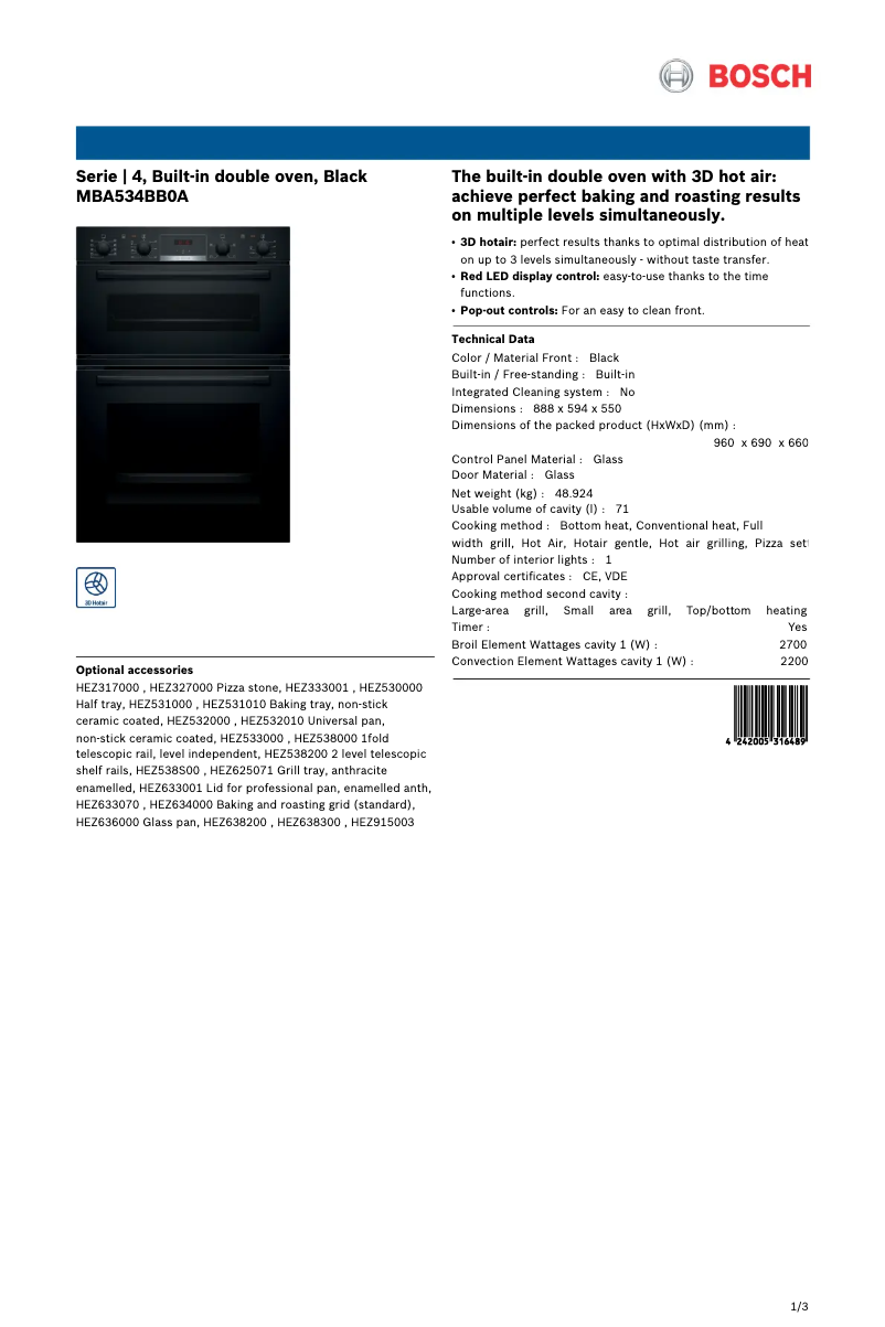 Page 1 of the manual Technical Sheet Bosch Serie 4 MBA534BB0A