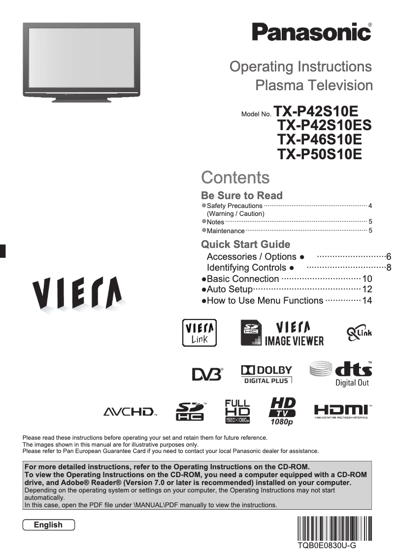 First page image of the manual for Viera TX-P46S10E