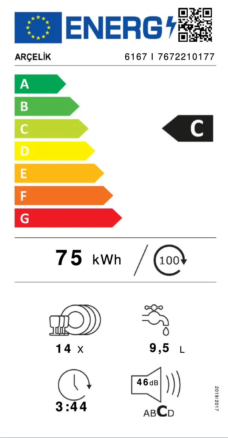 Page 1 of the manual Energy Label Arçelik 6167 I