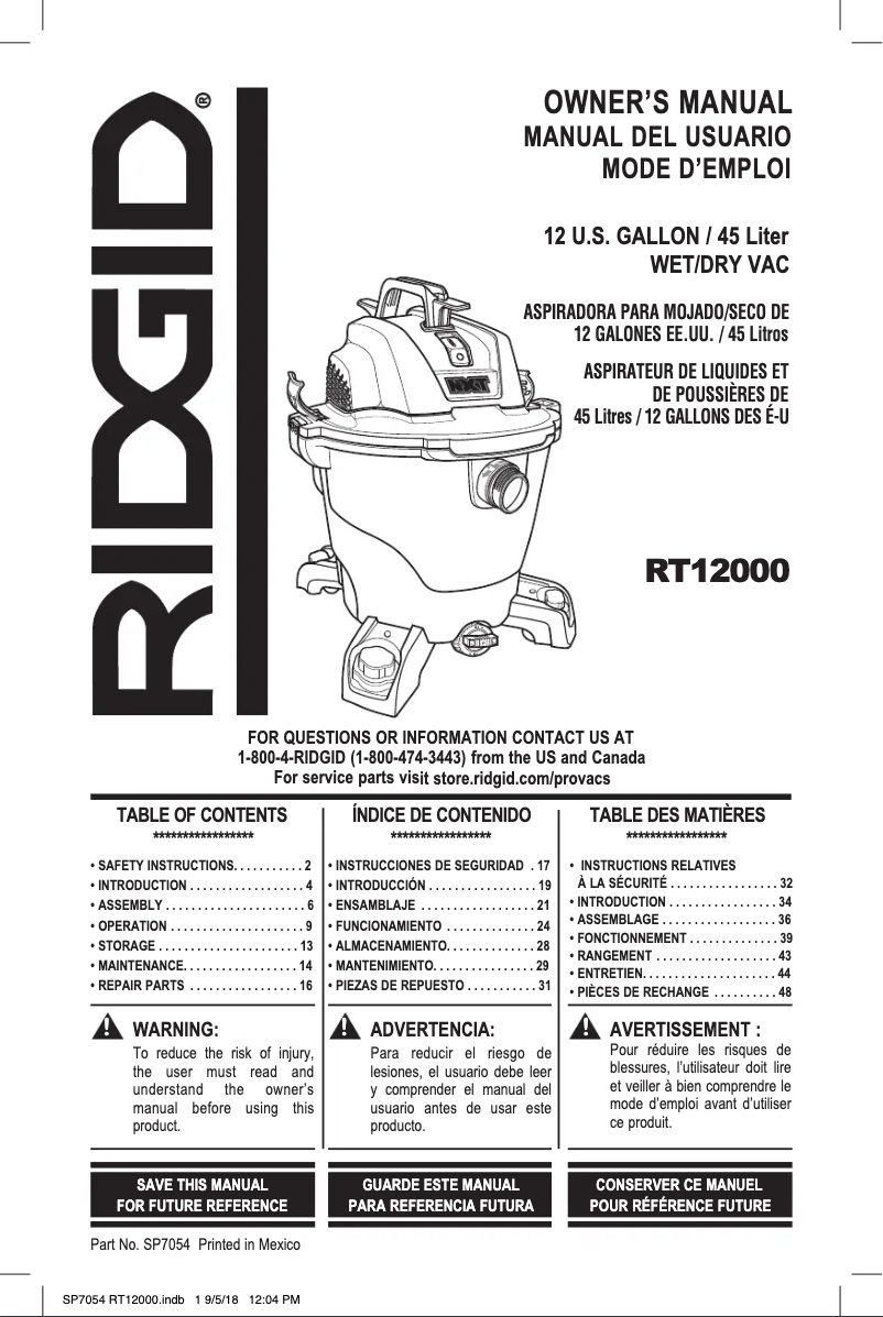 Page 1 of the manual User Manual Ridgid RT1200