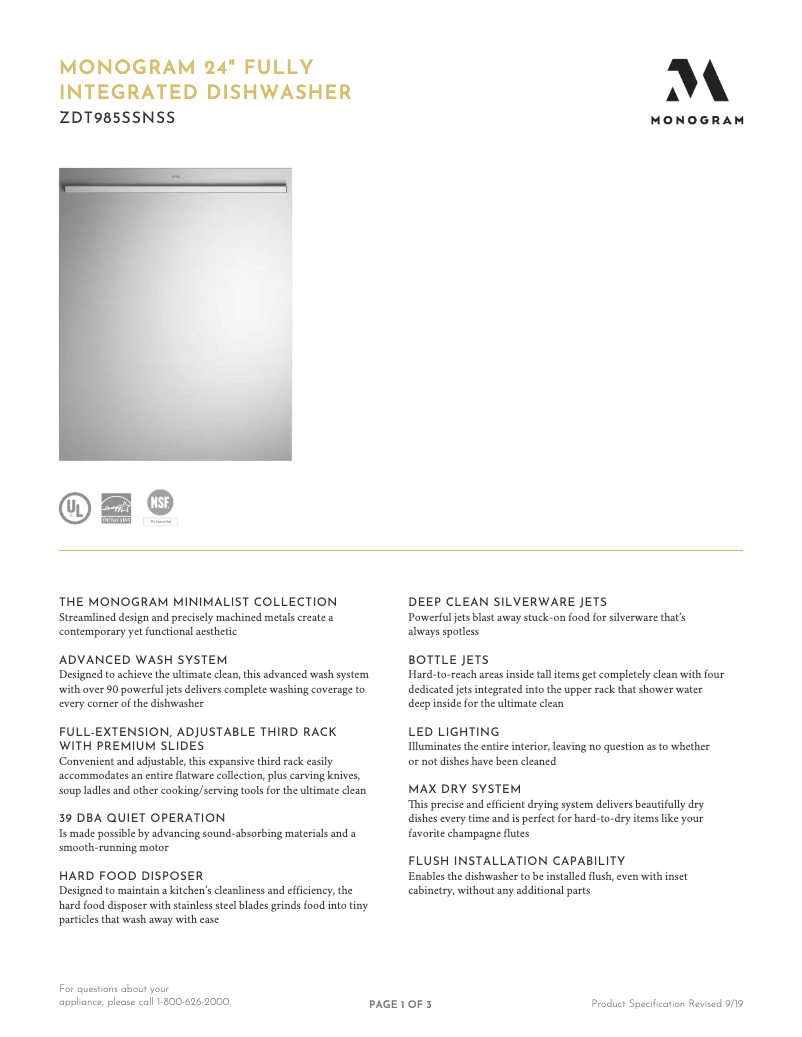 Page 1 of the manual Technical Sheet Monogram ZDT985SPNSS