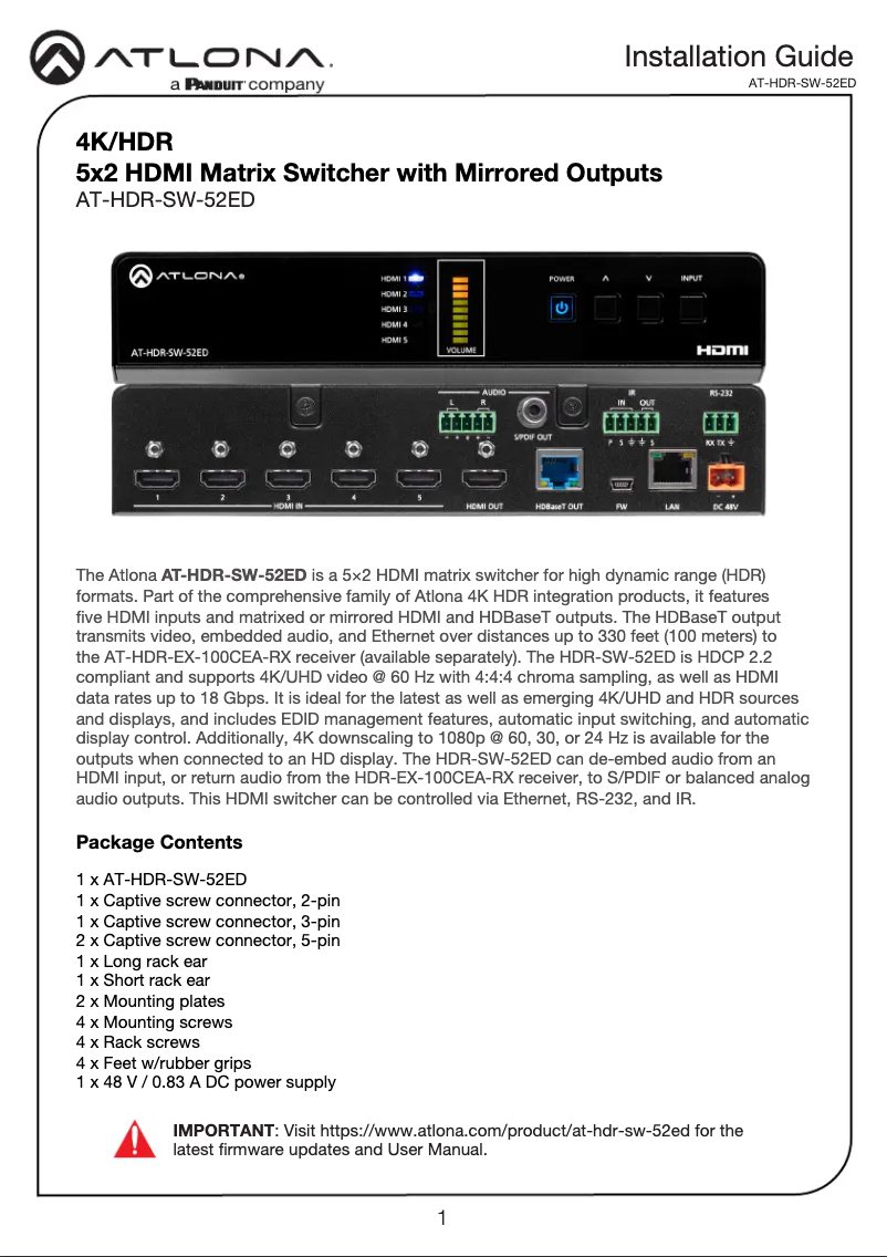 Page 1 of the manual Installation Guide Atlona AT-HDR-SW-52ED