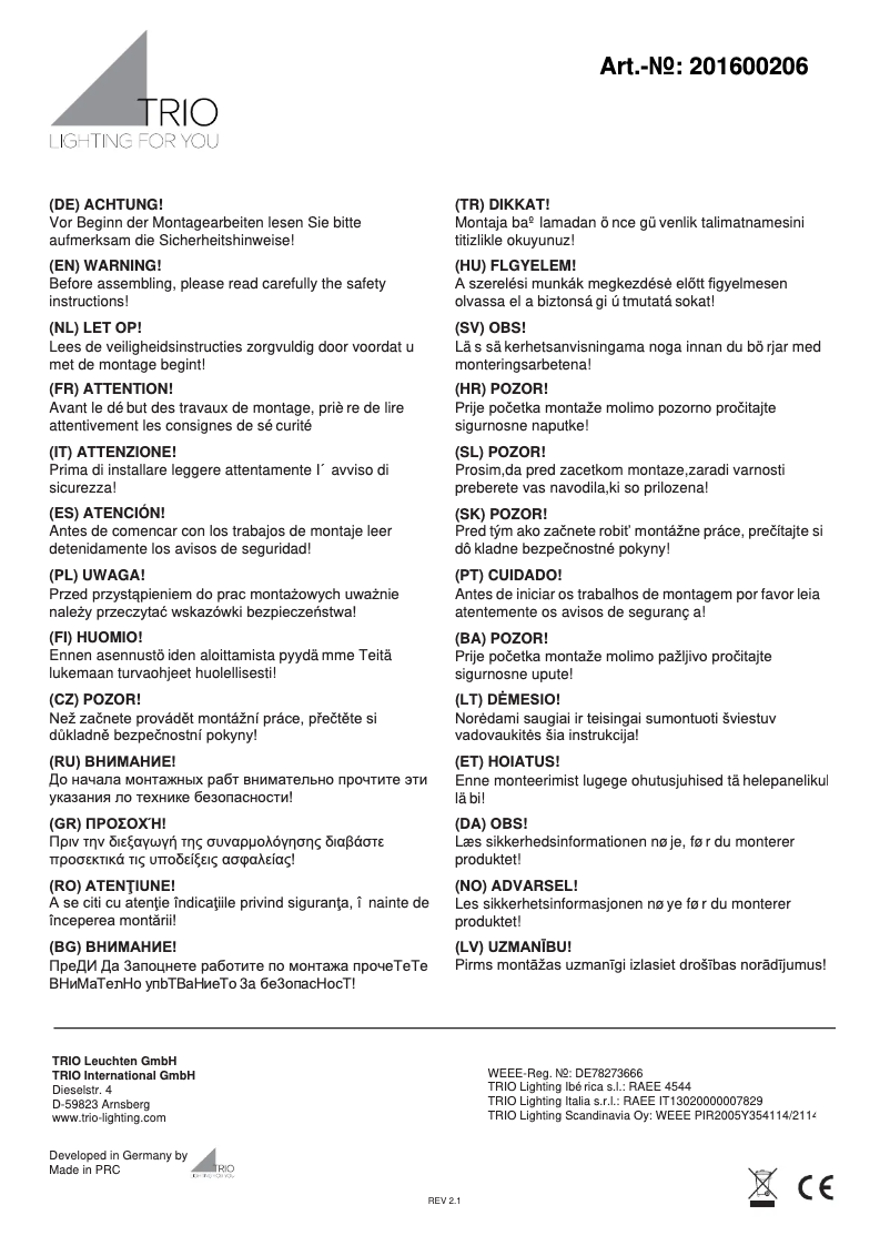 Page 1 of the manual User Manual Trio Lighting Lucerna 201600206