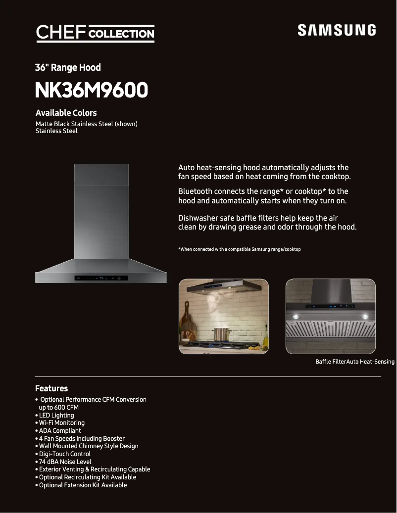 Page 1 of the manual Technical Sheet Samsung NK36M9600WS