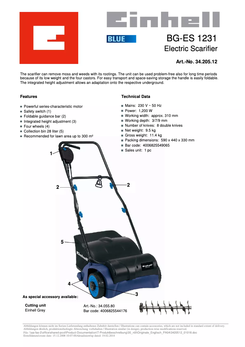 Page 1 of the manual Technical Sheet Einhell BG-ES 1231
