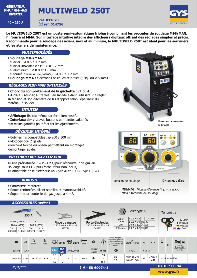 Page 1 of the manual Technical Sheet GYS Multiweld 250T