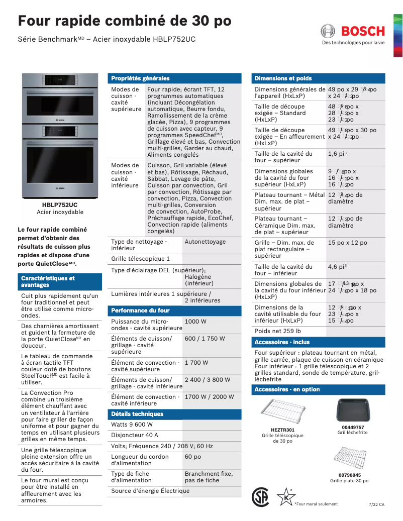 Page 1 of the manual Technical Sheet Bosch HBLP752UC