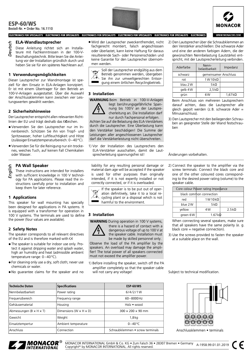 First page image of the manual for ESP-60/WS