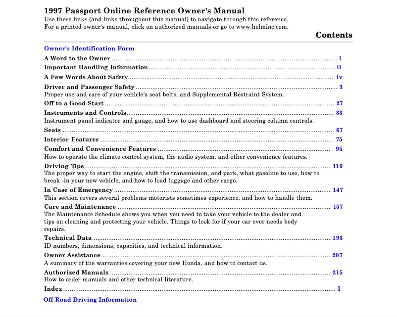 Page 1 of the manual User Manual Honda Passport (1997)