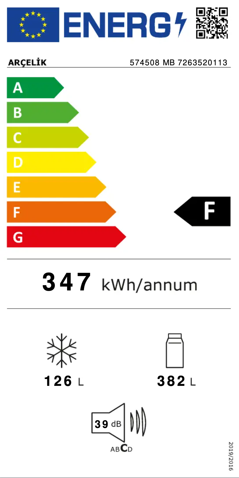 Page 1 of the manual Energy Label Arçelik 574508 MB