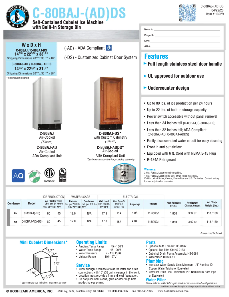 Page 1 of the manual Technical Sheet Hoshizaki C-80BAJ
