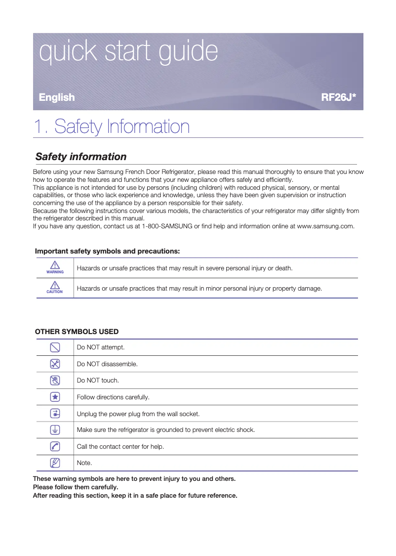 Page 1 of the manual Installation Guide Samsung RF26J7500SR