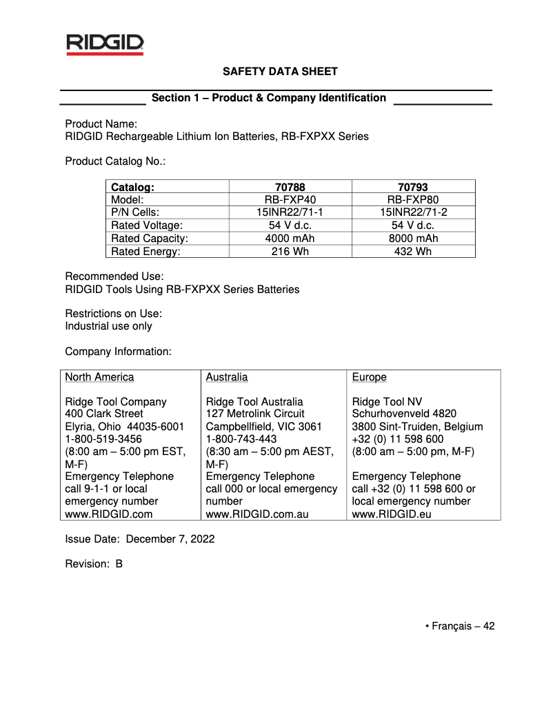 Page 1 of the manual Technical Sheet Ridgid 760 FXP