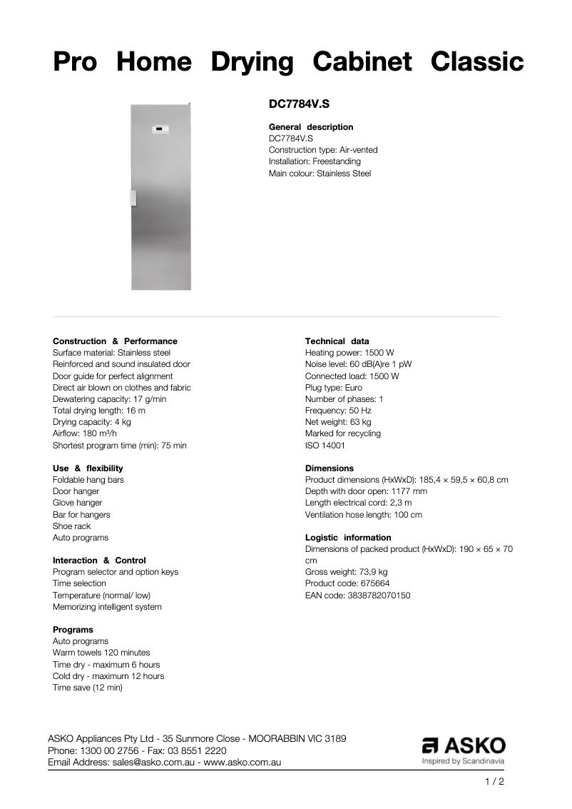 Page 1 of the manual Technical Sheet Asko DC7784V