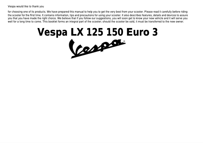First page image of the manual for LX 125 150 Euro 3
