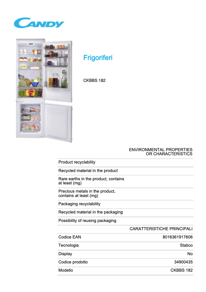 Page 1 of the manual Technical Sheet Candy CKBBS 182
