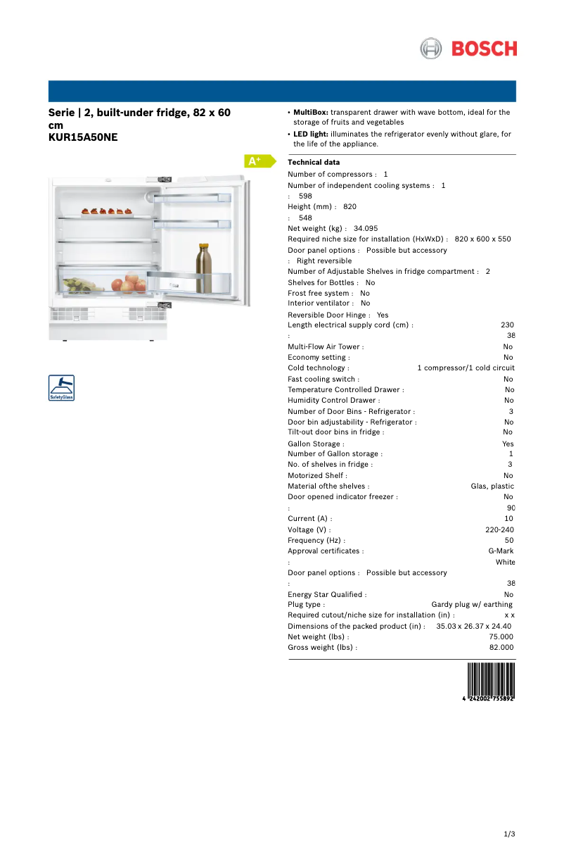 Page 1 of the manual Technical Sheet Bosch KUR15A50NE