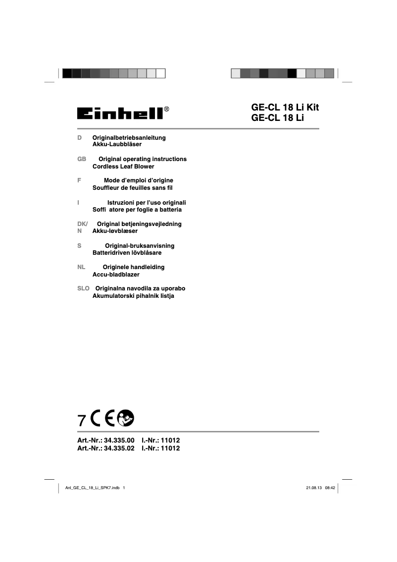 Page 1 of the manual User Manual Einhell GE-CL 18 Li-Solo