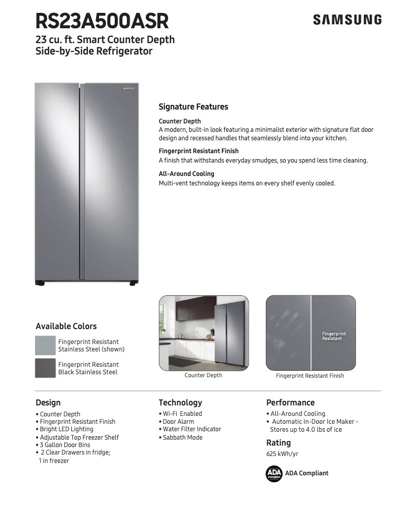 Page 1 of the manual Technical Sheet Samsung RS23A500ASR