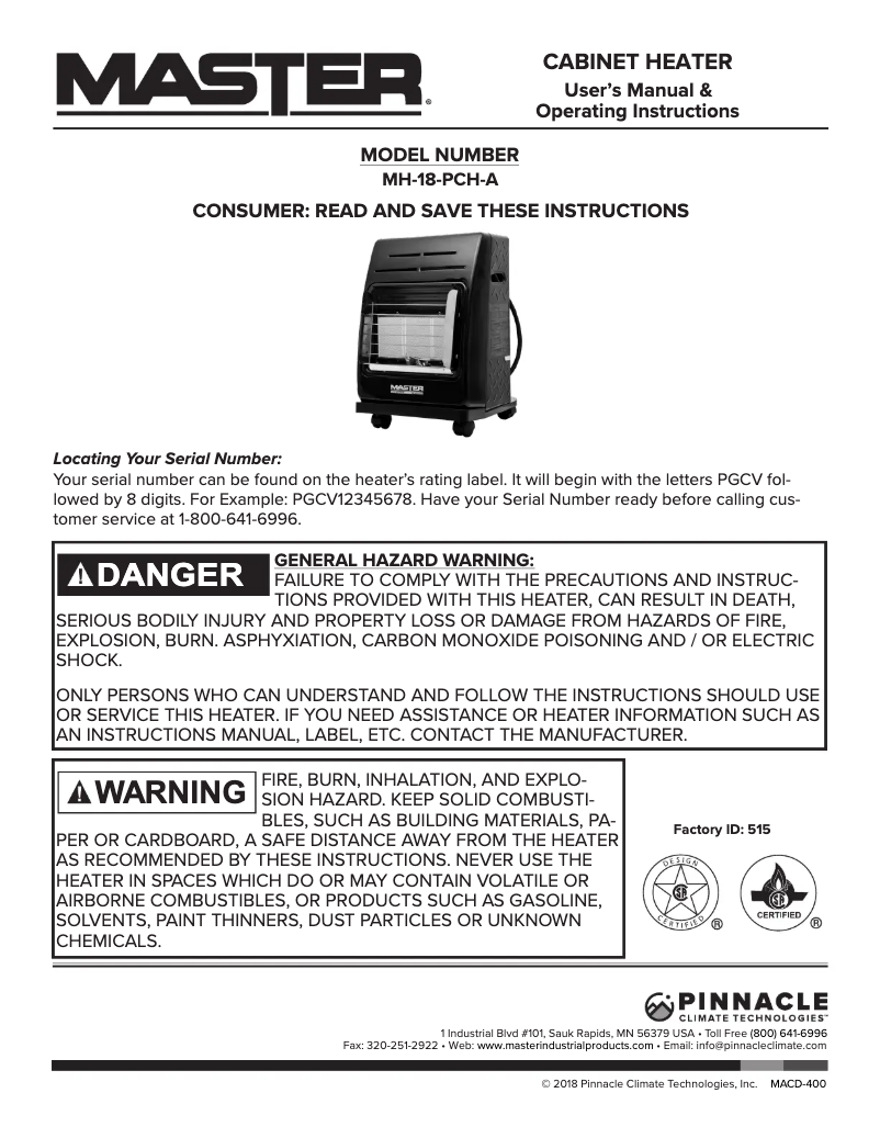 Page 1 of the manual User Manual Master MH-18-PCH-A