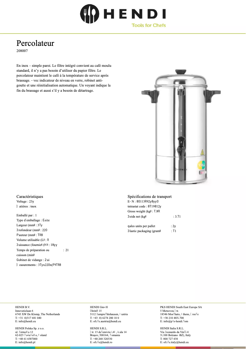 Page 1 of the manual Technical Sheet Hendi Percolator 208007