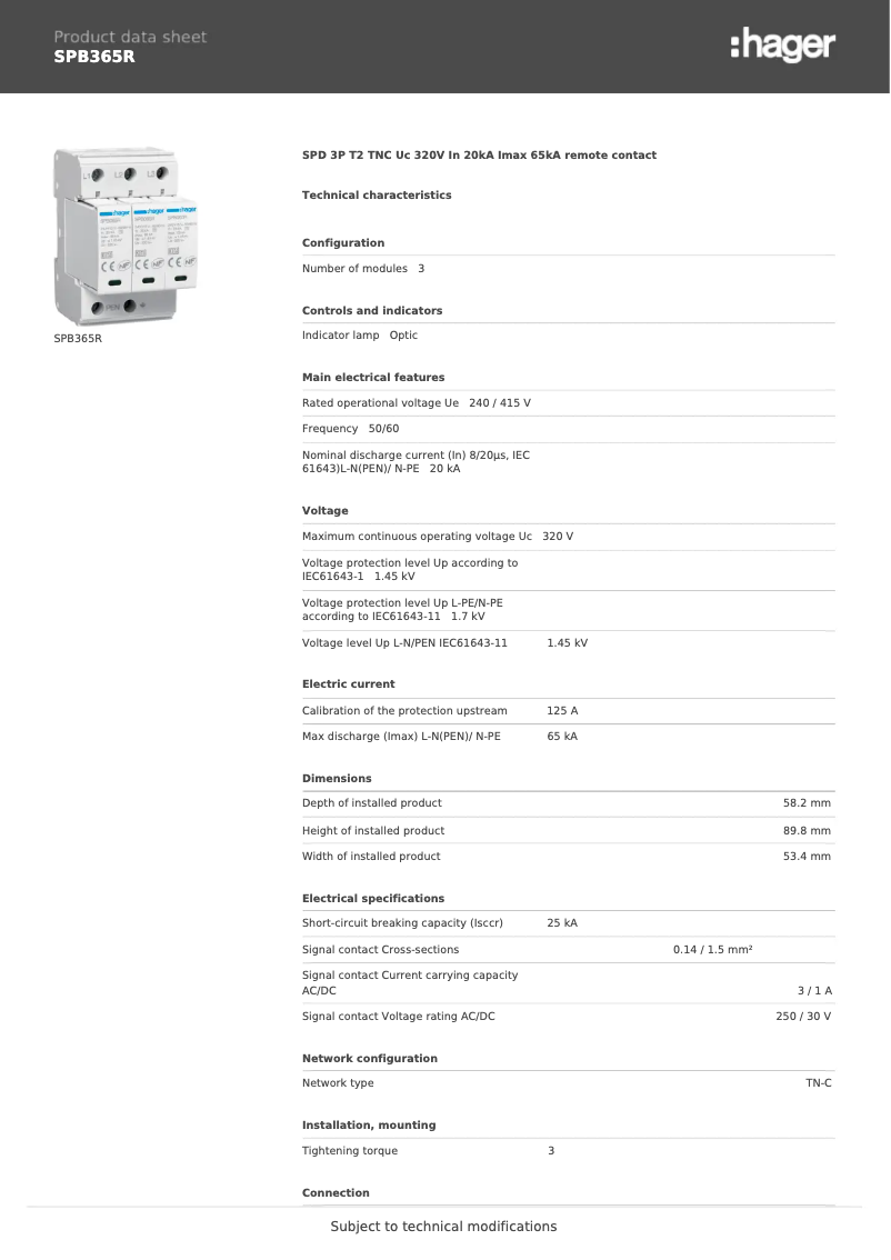 Page 1 of the manual Technical Sheet Hager SPB365R
