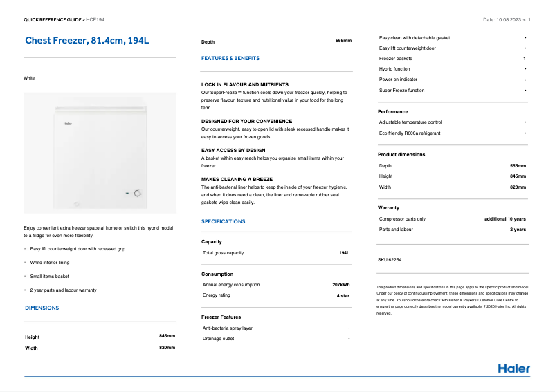 First page image of the manual for HCF194W