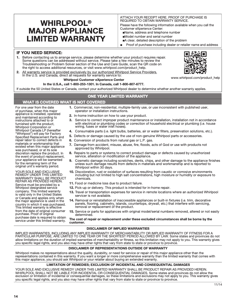 Page 1 of the manual Warranty Information Maytag UXT2030ADB