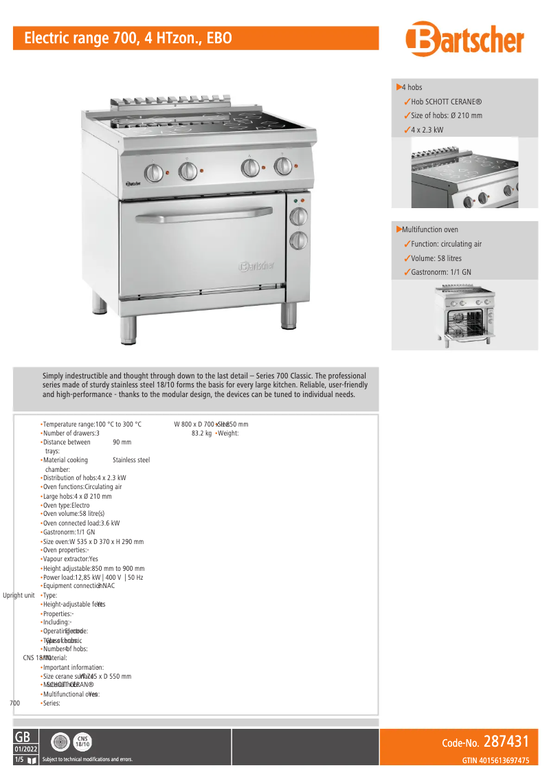 Page 1 of the manual Technical Sheet Bartscher 296319