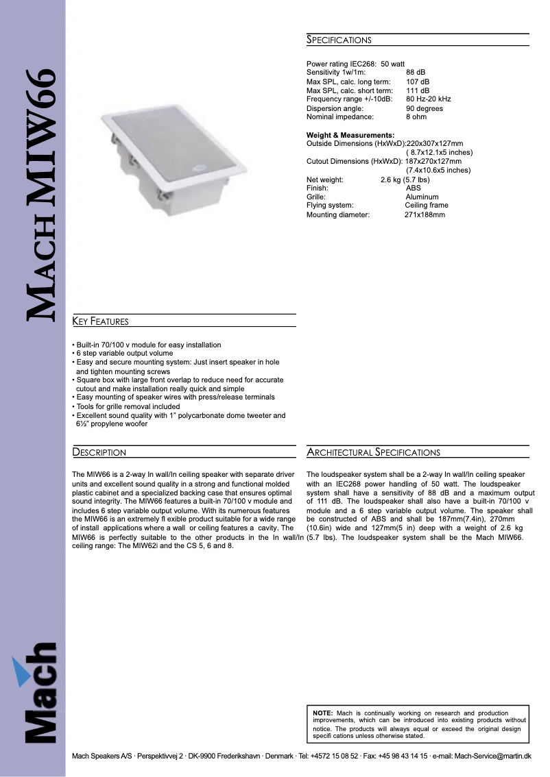 Page 1 of the manual Technical Sheet Martin Mach MIW66