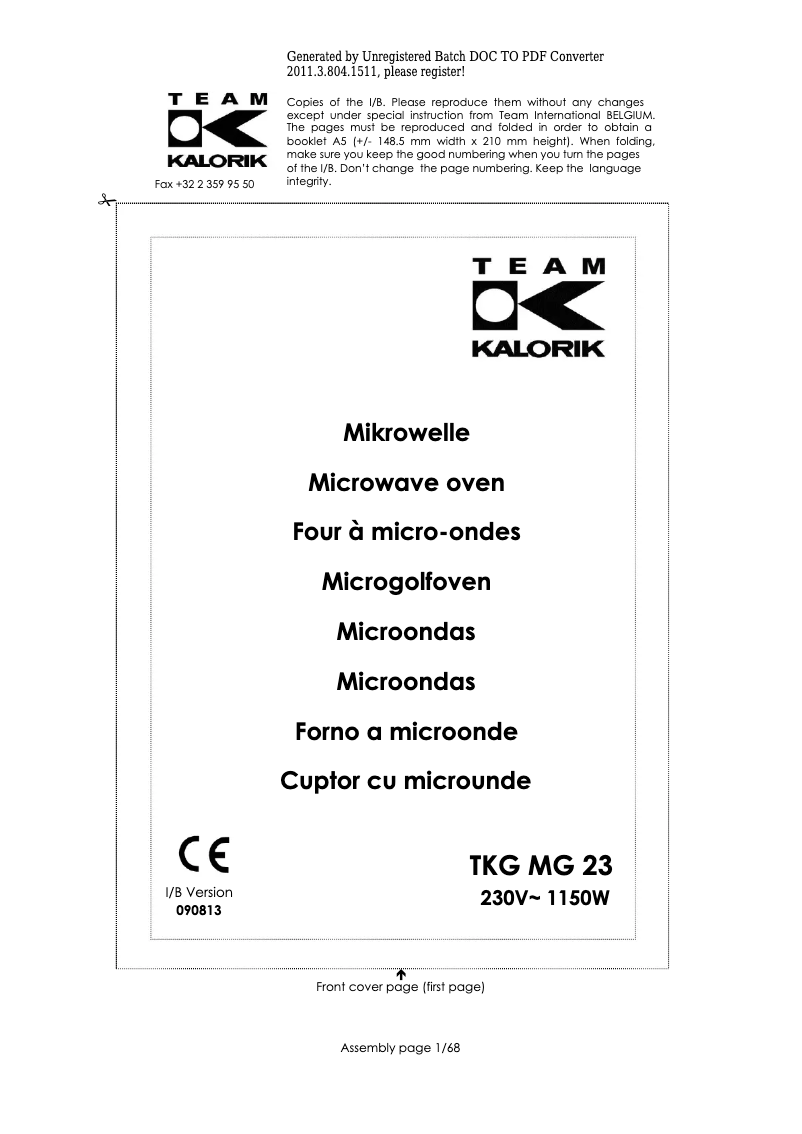 First page image of the manual for TKG MG 23