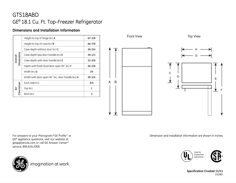 Page 1 of the manual Technical Sheet GE GTS18ABDWW