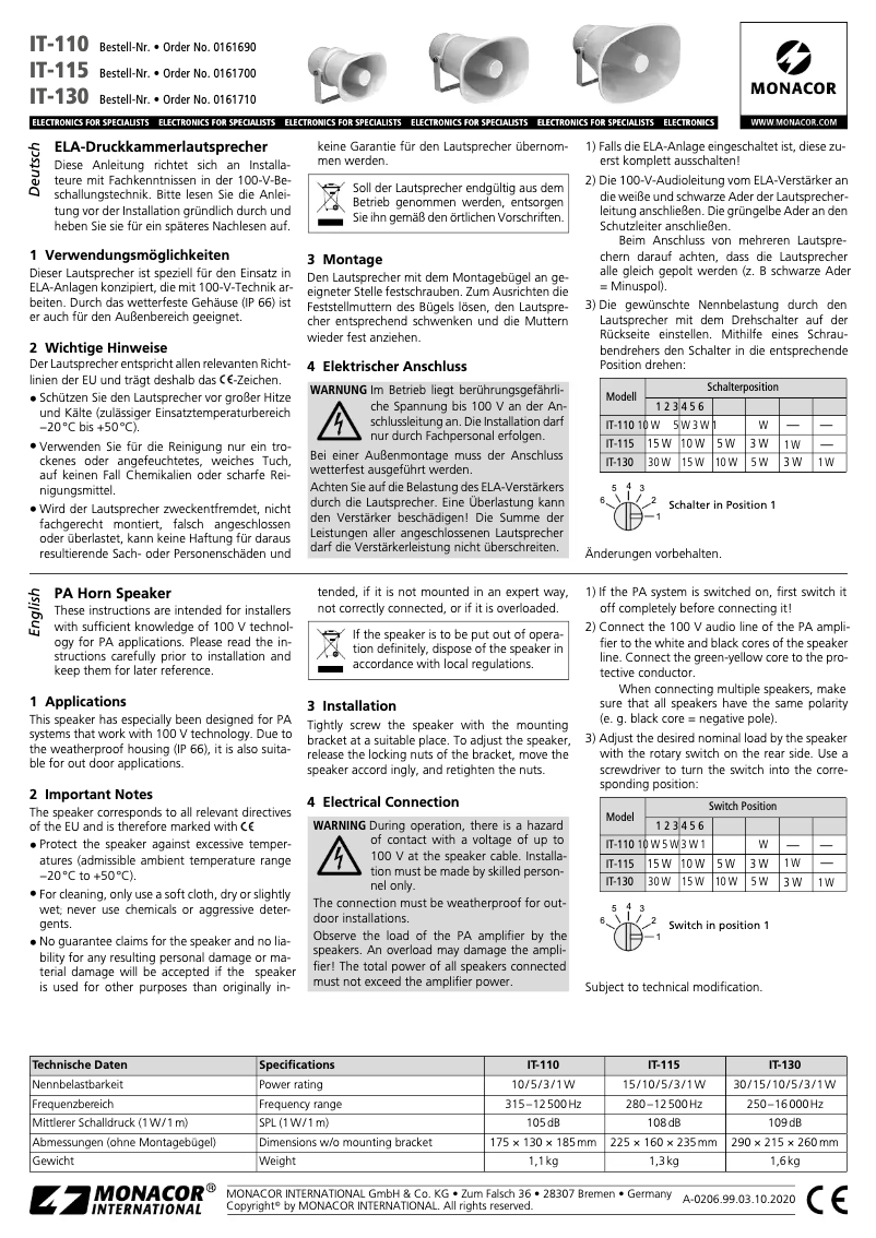 Page 1 of the manual User Manual Monacor IT-130