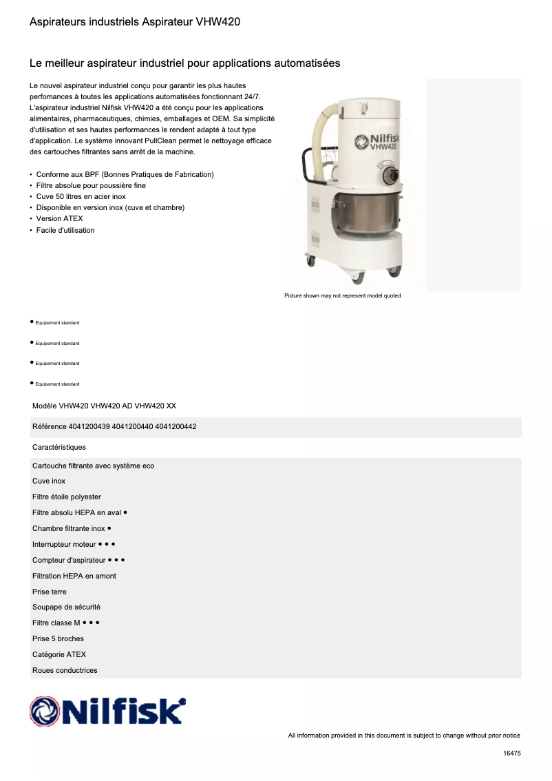 Page 1 of the manual Technical Sheet Nilfisk VHW420