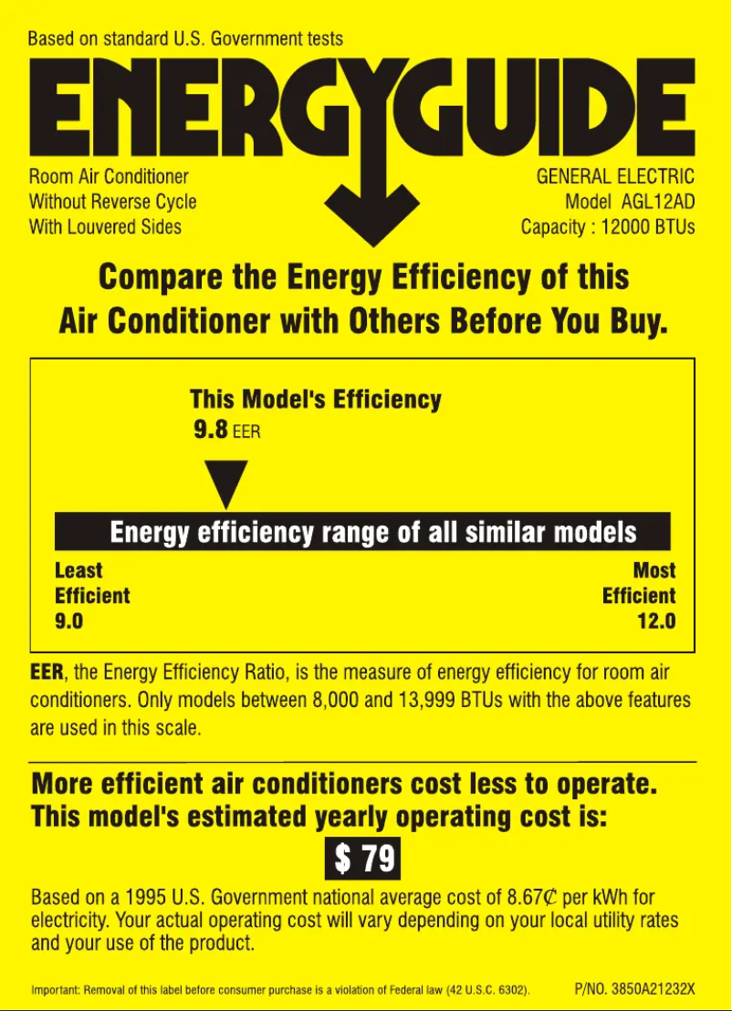 Page 1 of the manual Energy Label GE AGL12AD