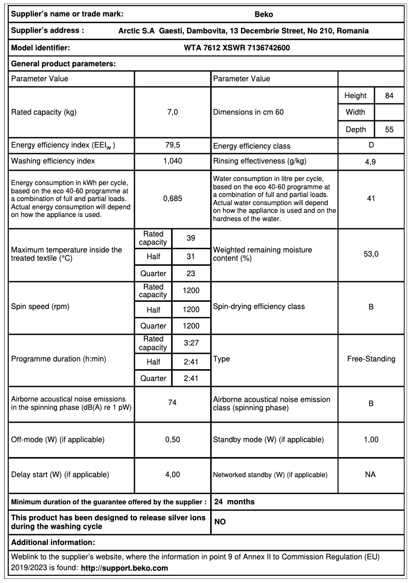 Page 1 of the manual Technical Sheet Beko WTA 7612 XSWR