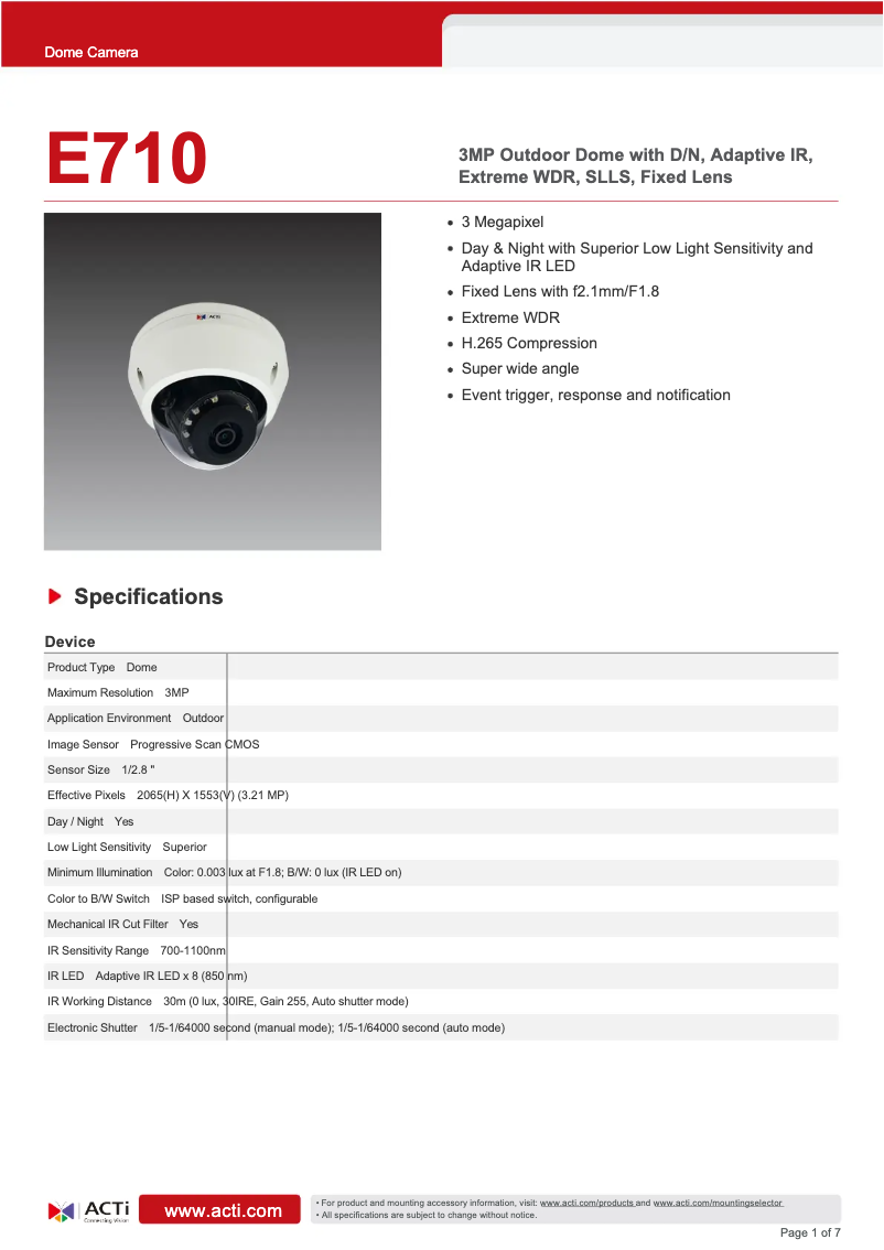 Page 1 of the manual Technical Sheet ACTi E710