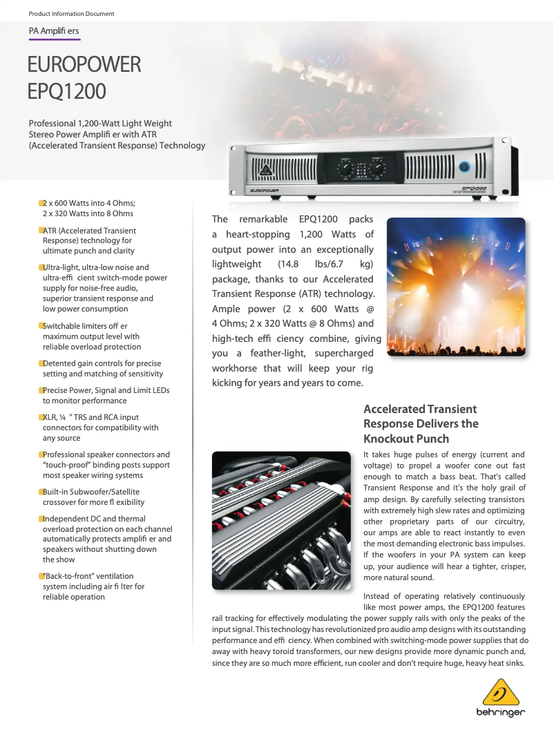 Page 1 de la notice Fiche technique Behringer Europower EPQ1200