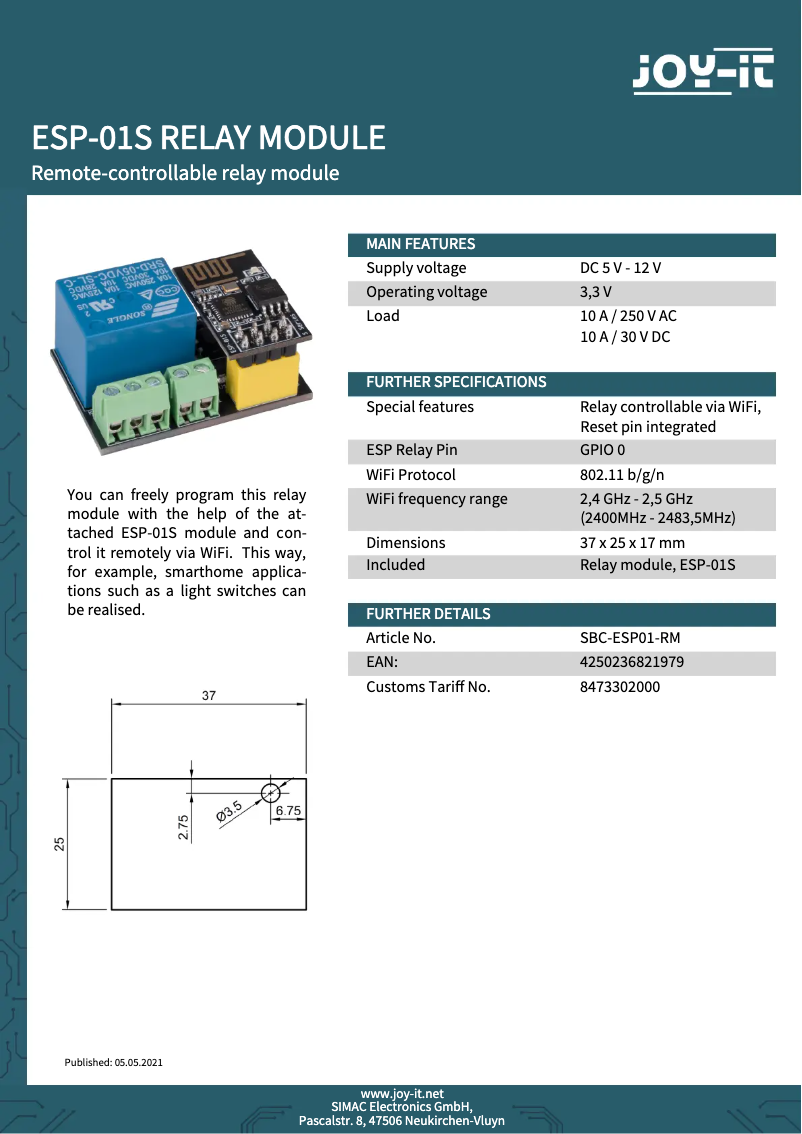 Page 1 of the manual Technical Sheet Joy-It SBC-ESP01-RM