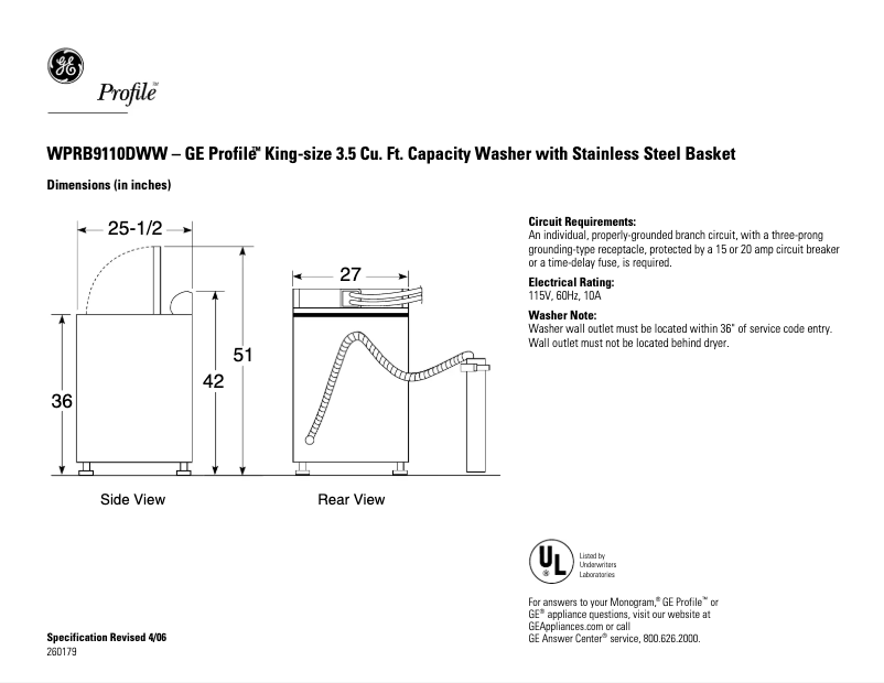 Page 1 of the manual Technical Sheet GE Profile WPRB9110DCC