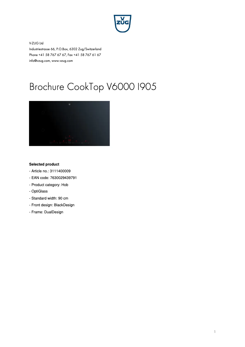 First page image of the manual for CookTop V6000 I905