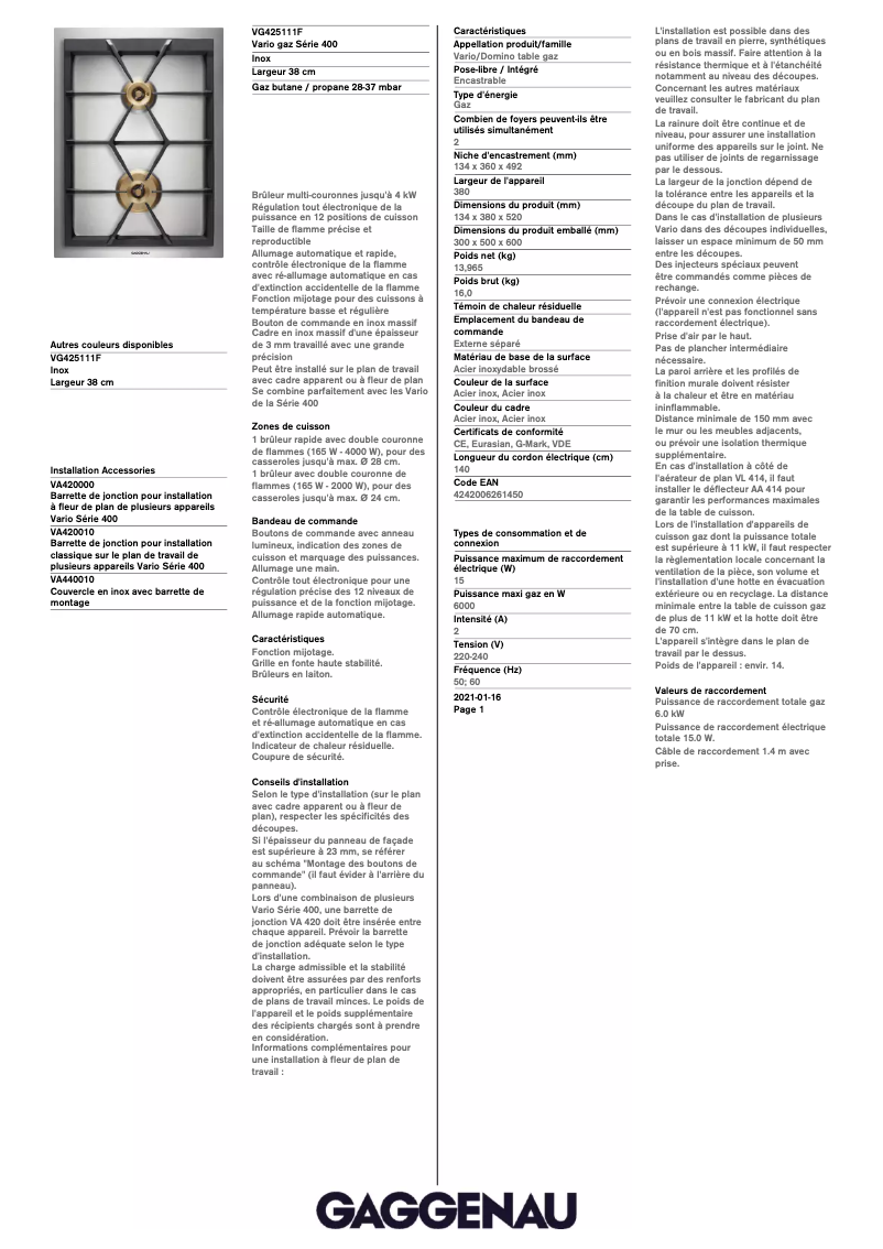 Page 1 of the manual Technical Sheet Gaggenau VG425111F