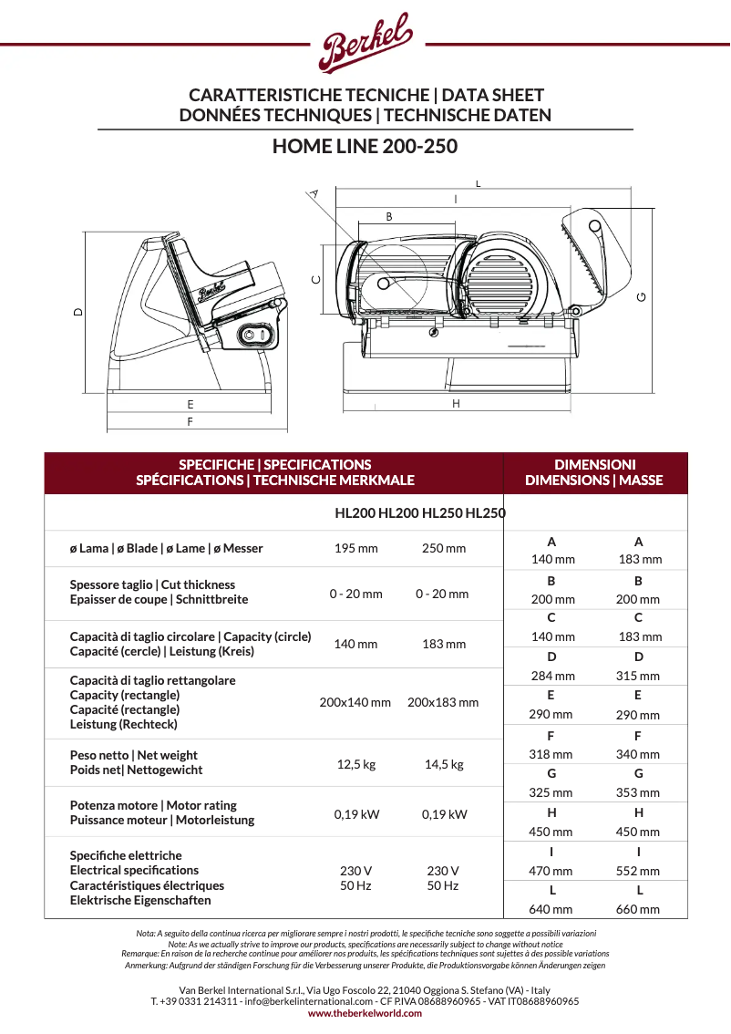 Page 1 of the manual Technical Sheet Berkel Home Line 200